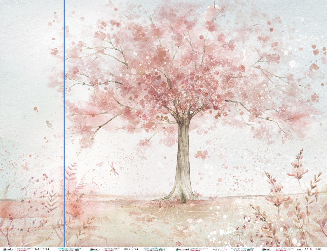 MERRY CHERRY - pink -380 cm x  287cm  tapeta dla dziewczynki z kwiatami i drzewem