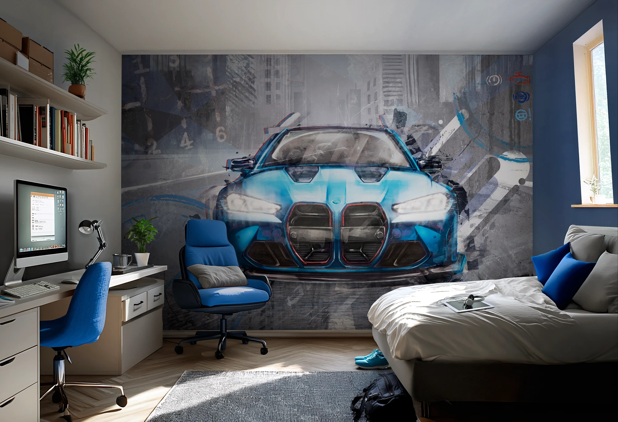 FAST CAR - blue- tapeta z motywem auta  do pokoju chłopca