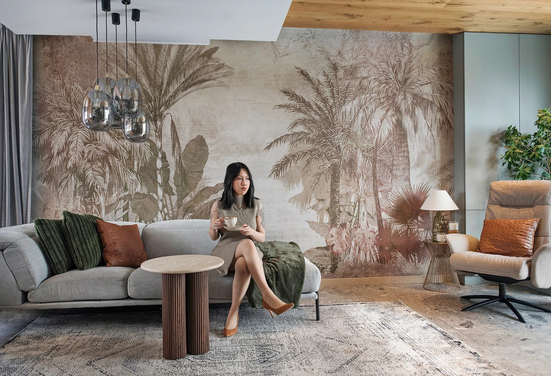 BORNEO - green - tapeta w  elegancki, minimalistyczny motyw palm.