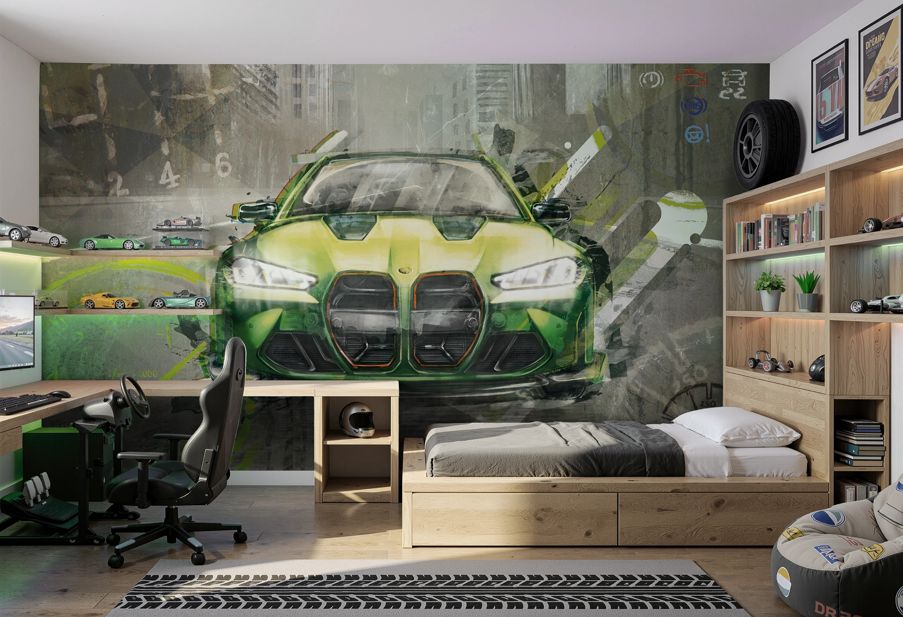 FAST CAR - green -  tapeta z samochodem do pokoju nastolatka
