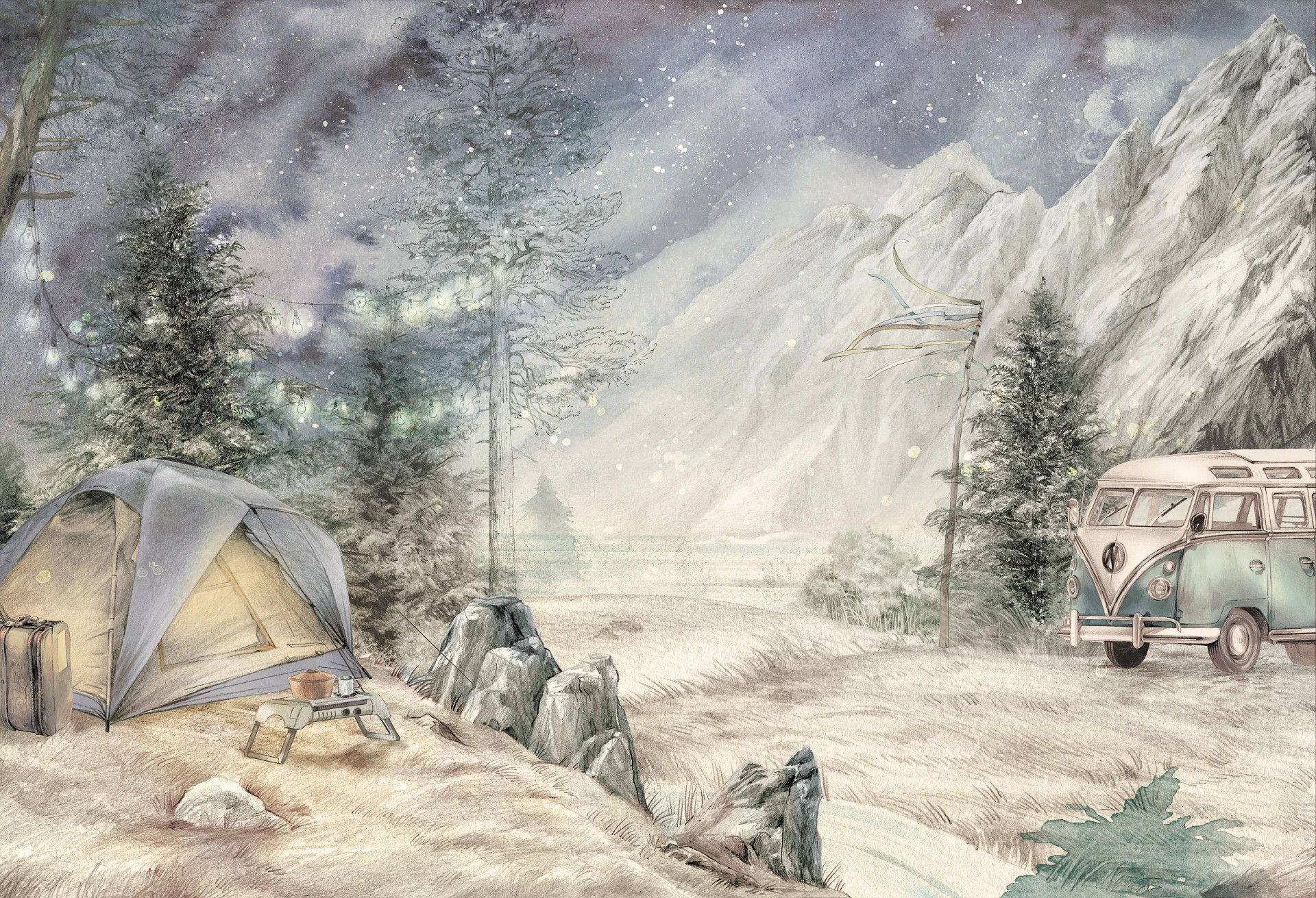 MOUNTAIN CAMP - night - podróżnicza tapeta dla dzieci