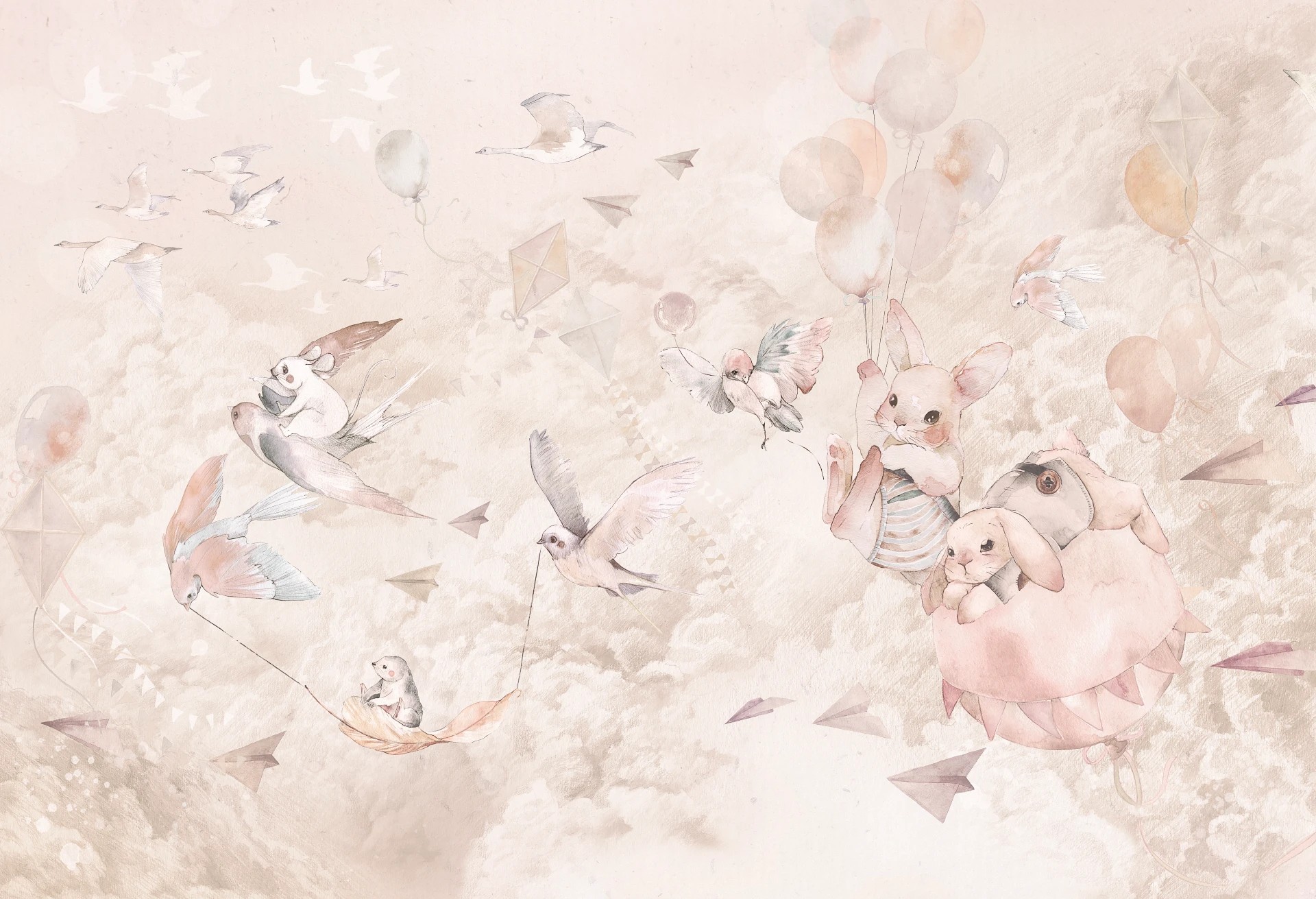 DREAM BABY - rose - tapeta do pokoju niemowlaka dziewczynki w chmury i zwierzątka