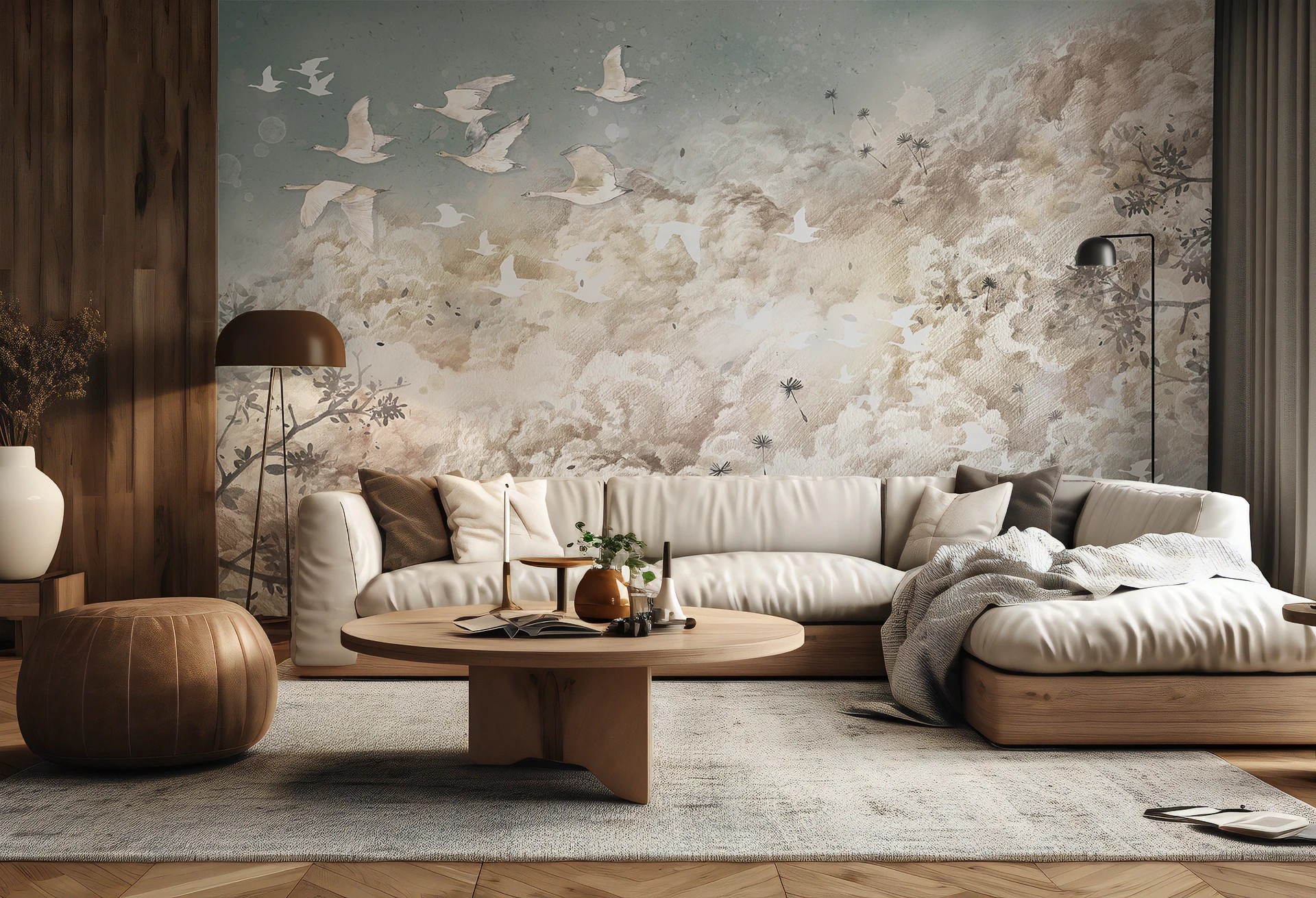 DREAM EVENING - cream white - tapeta do sypialni lub salonu z motywem wędrownych gęsi