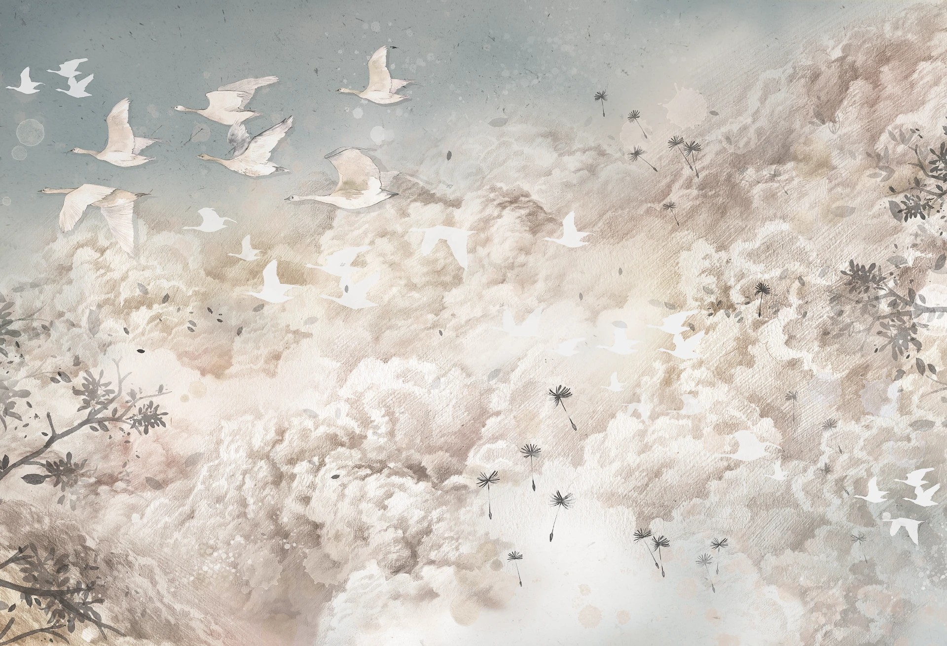 DREAM EVENING - cream white - tapeta do sypialni lub salonu z motywem wędrownych gęsi