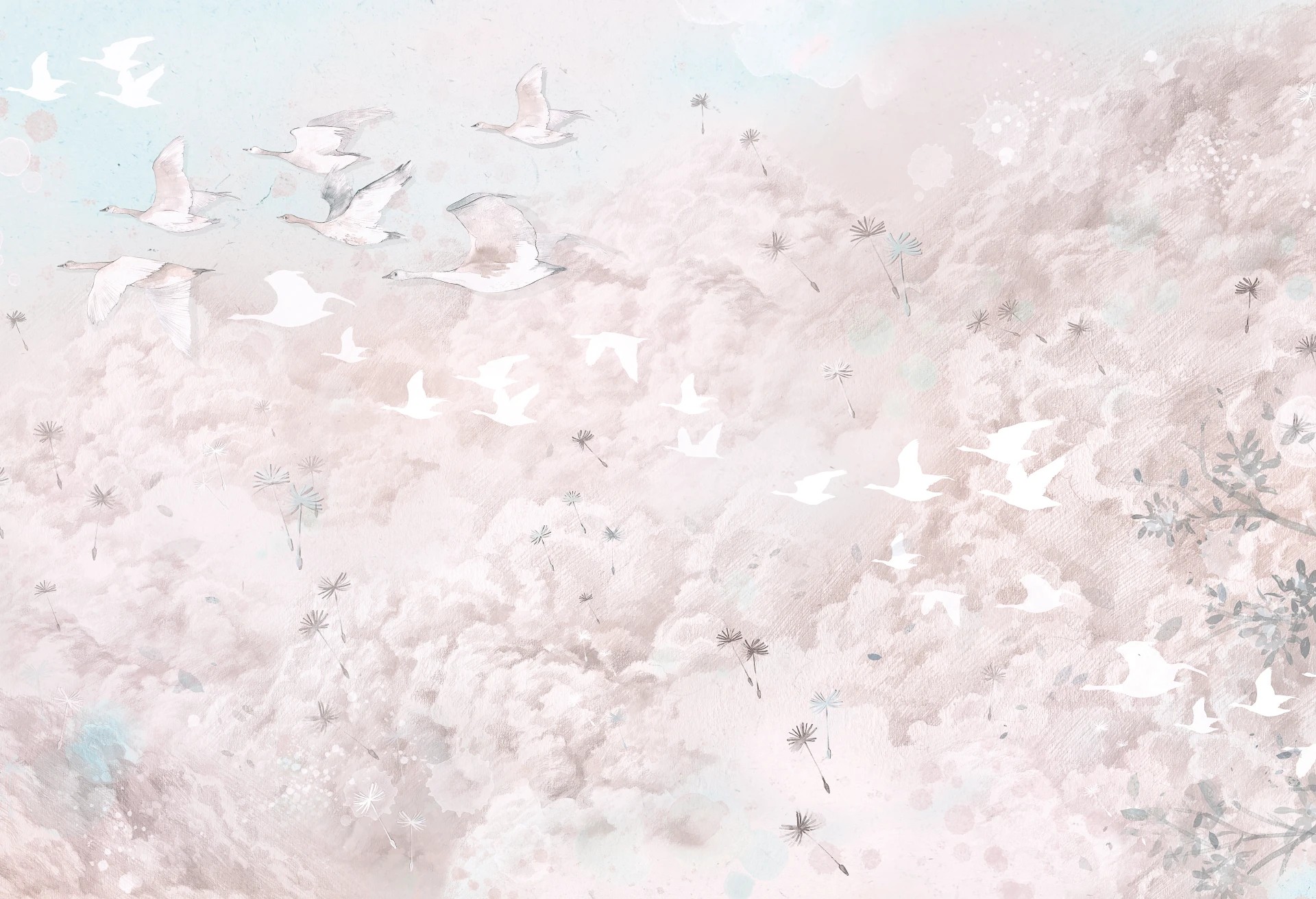 DREAM KIDS - rose - delikatna tapeta dla dziewczynki w chmury i ptaki