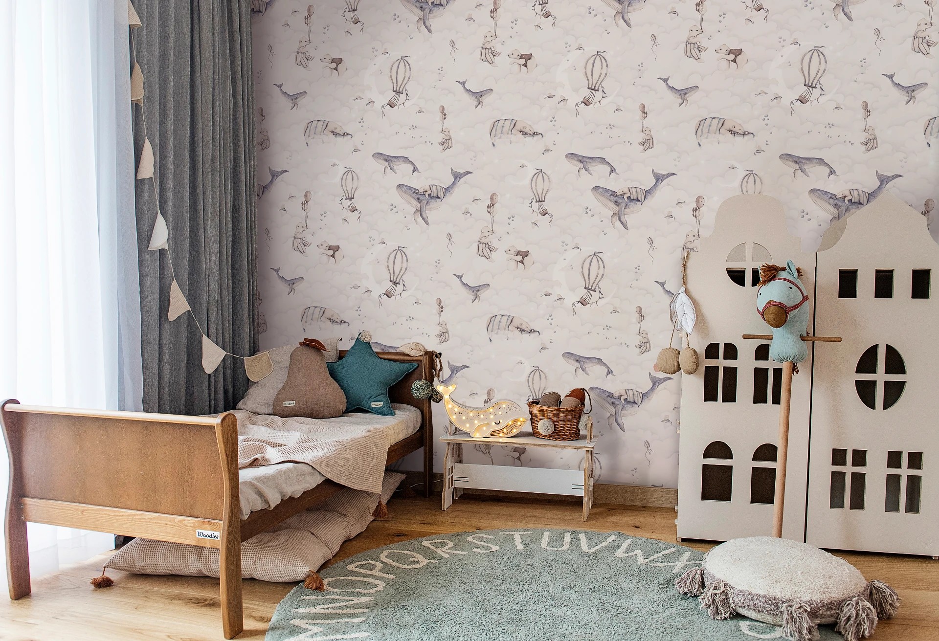 DREAMY OCEAN - subtelna tapeta do sypialni dziecięcej w misie i wieloryby