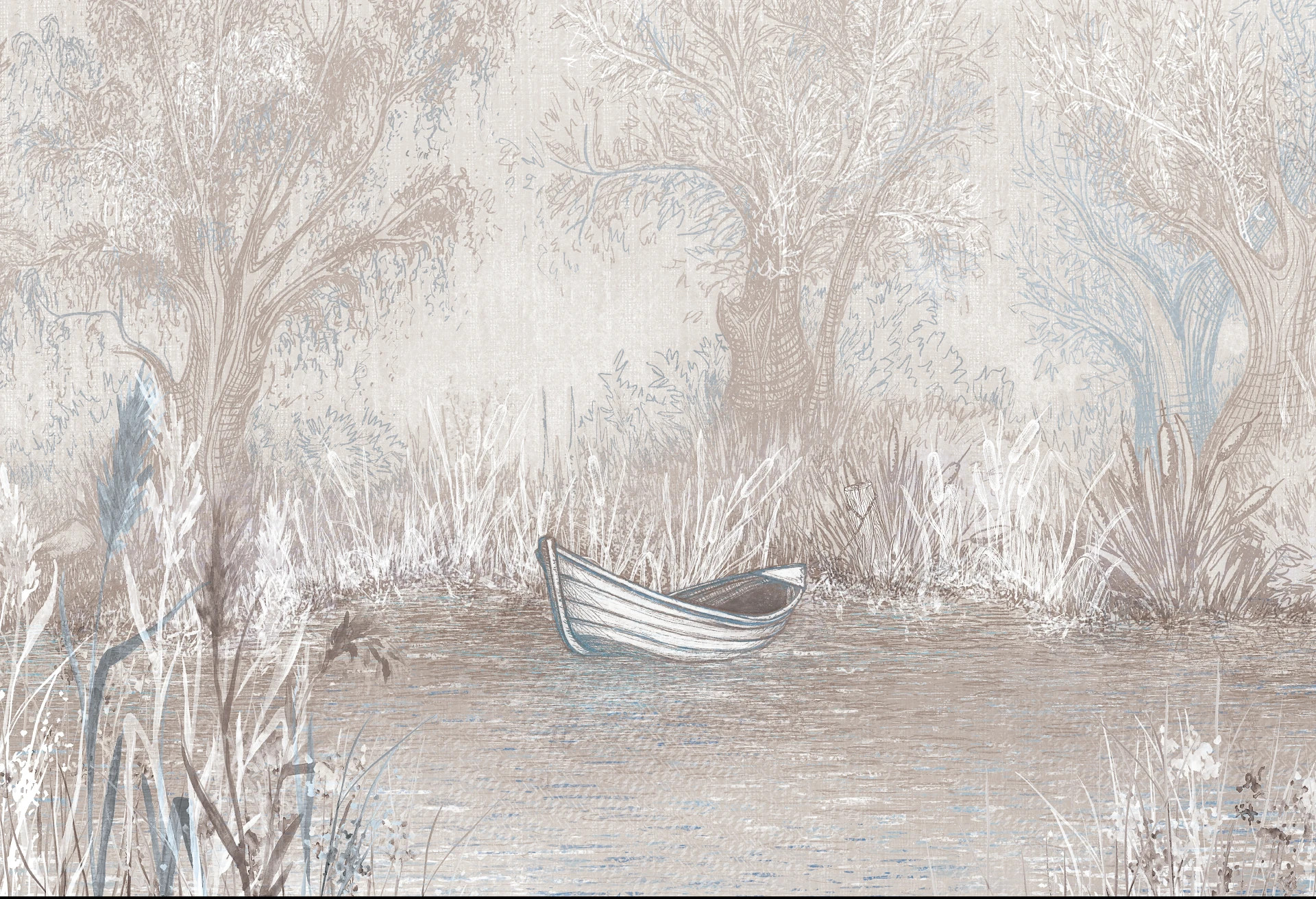 RIVERSIDE BOAT - blue - artystyczna tapeta z motywem brzegu rzeki do salonu lub sypialni