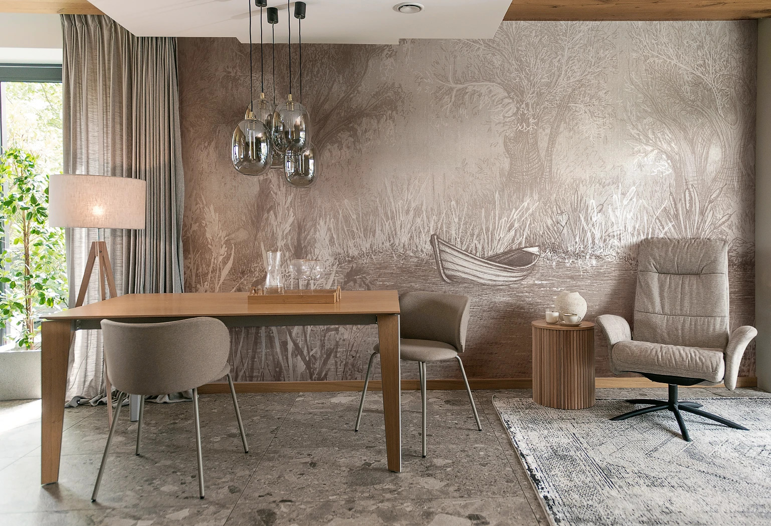 RIVERSIDE BOAT - neutral - artystyczna tapeta pejzażowa do eleganckiego salonu lub sypialni