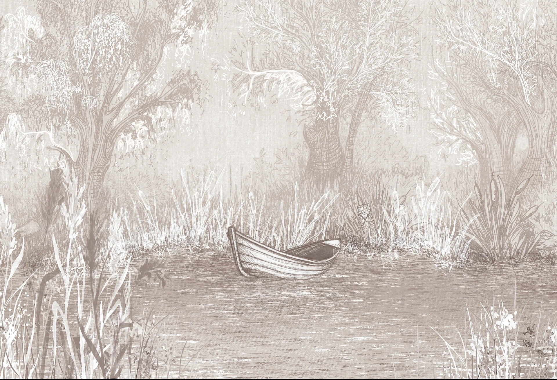 RIVERSIDE BOAT - neutral - artystyczna tapeta pejzażowa do eleganckiego salonu lub sypialni