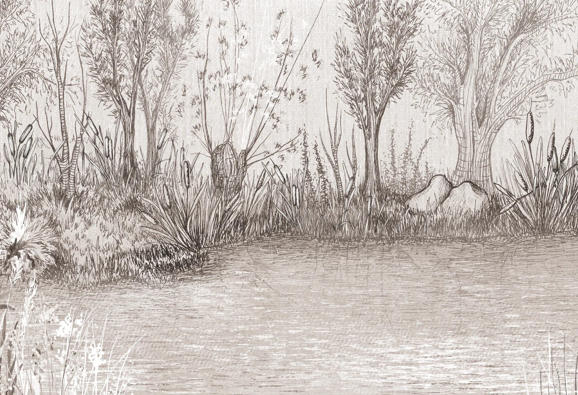 RIVERSIDE - classic - artystyczna tapeta ze szkicem nabrzeża jeziora