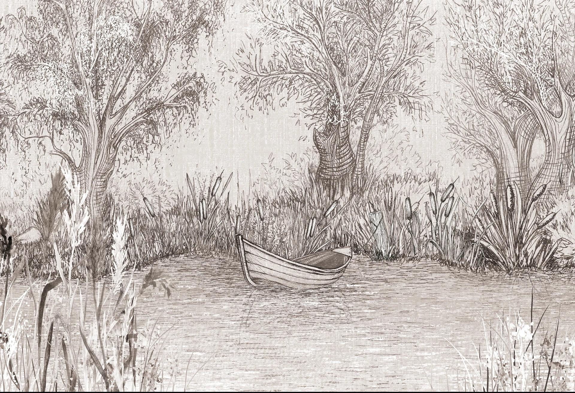 RIVERSIDE BOAT - classic - nastrojowa tapeta pejzażowa z motywem łodzi