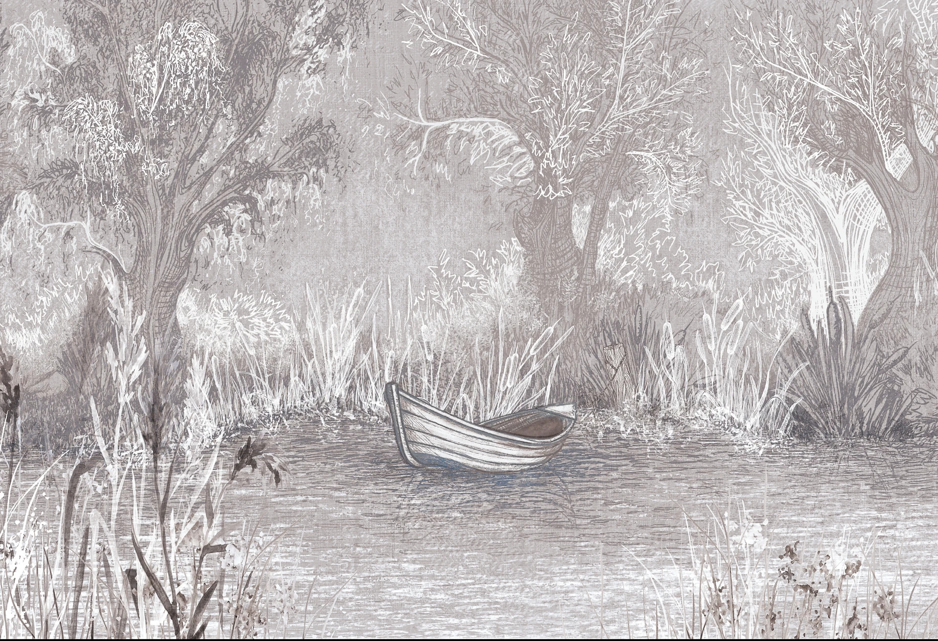 RIVERSIDE BOAT - dark - artystyczna tapeta pejzażowa z łodzią w nastrojowej tonacji