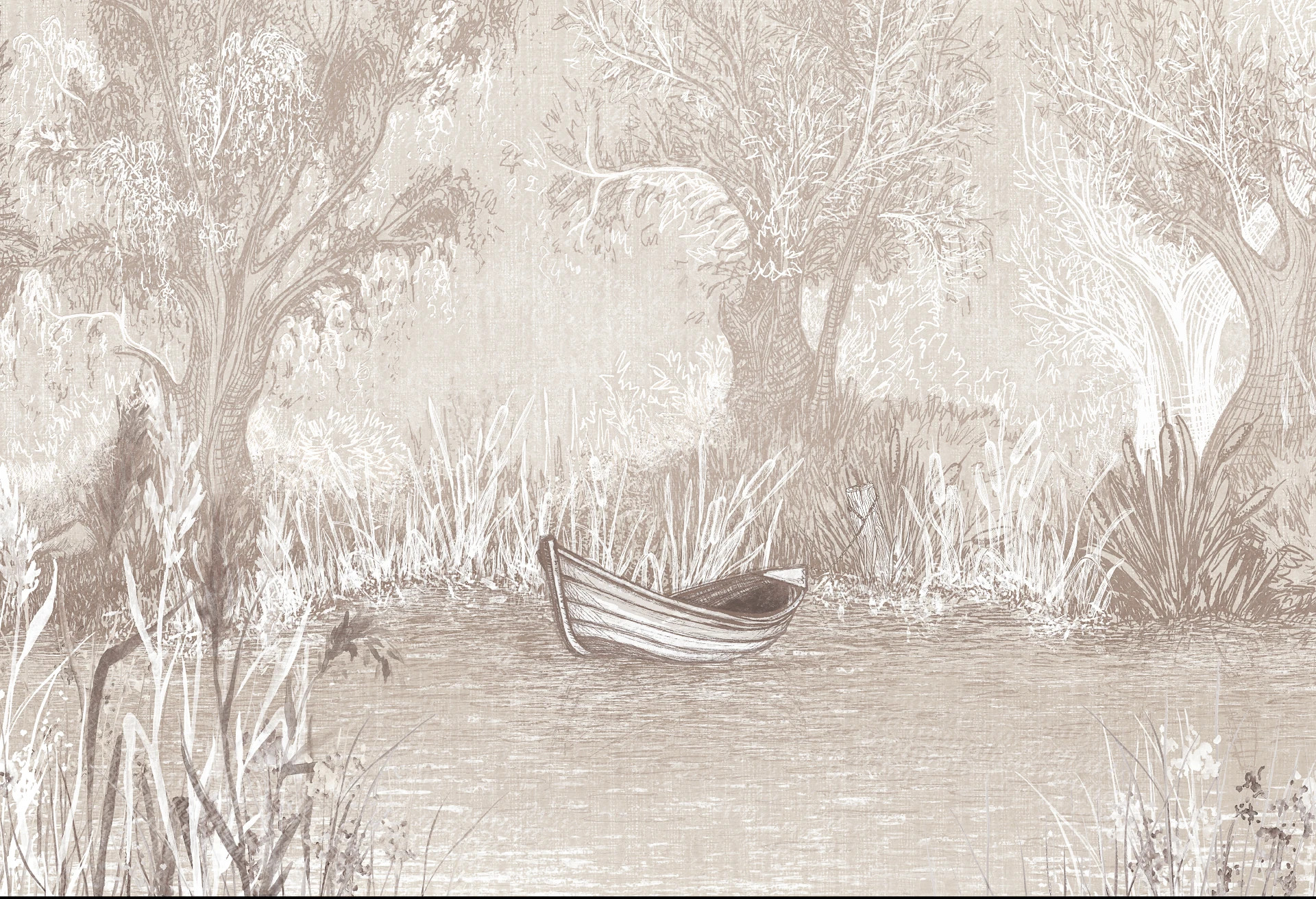 RIVERSIDE BOAT - sand - artystyczna tapeta pejzażowa z łodzią w kolorach ziemi