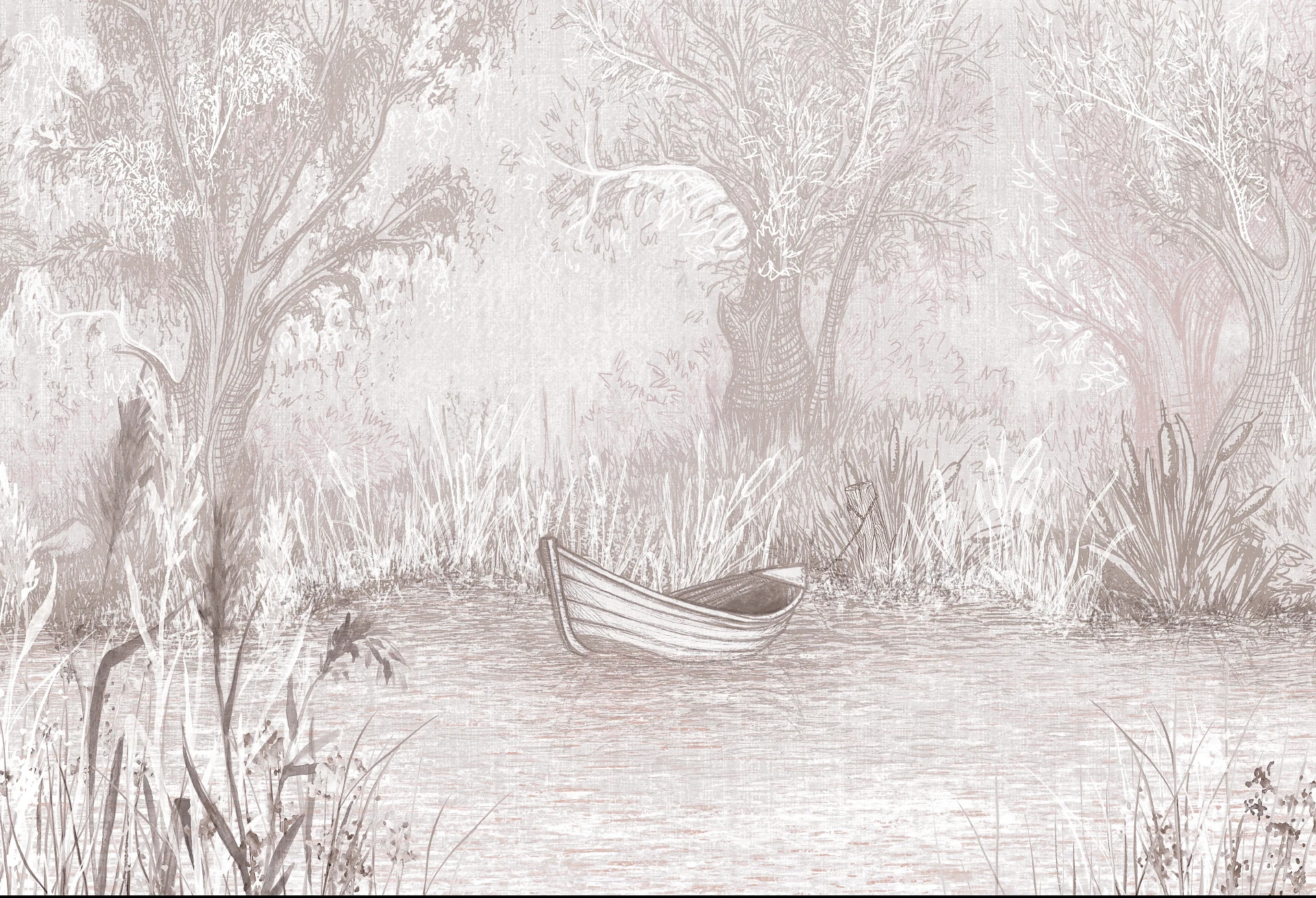 RIVERSIDE BOAT - rose - romantyczna tapeta pejzażowa z łodzią w odcieniu różu