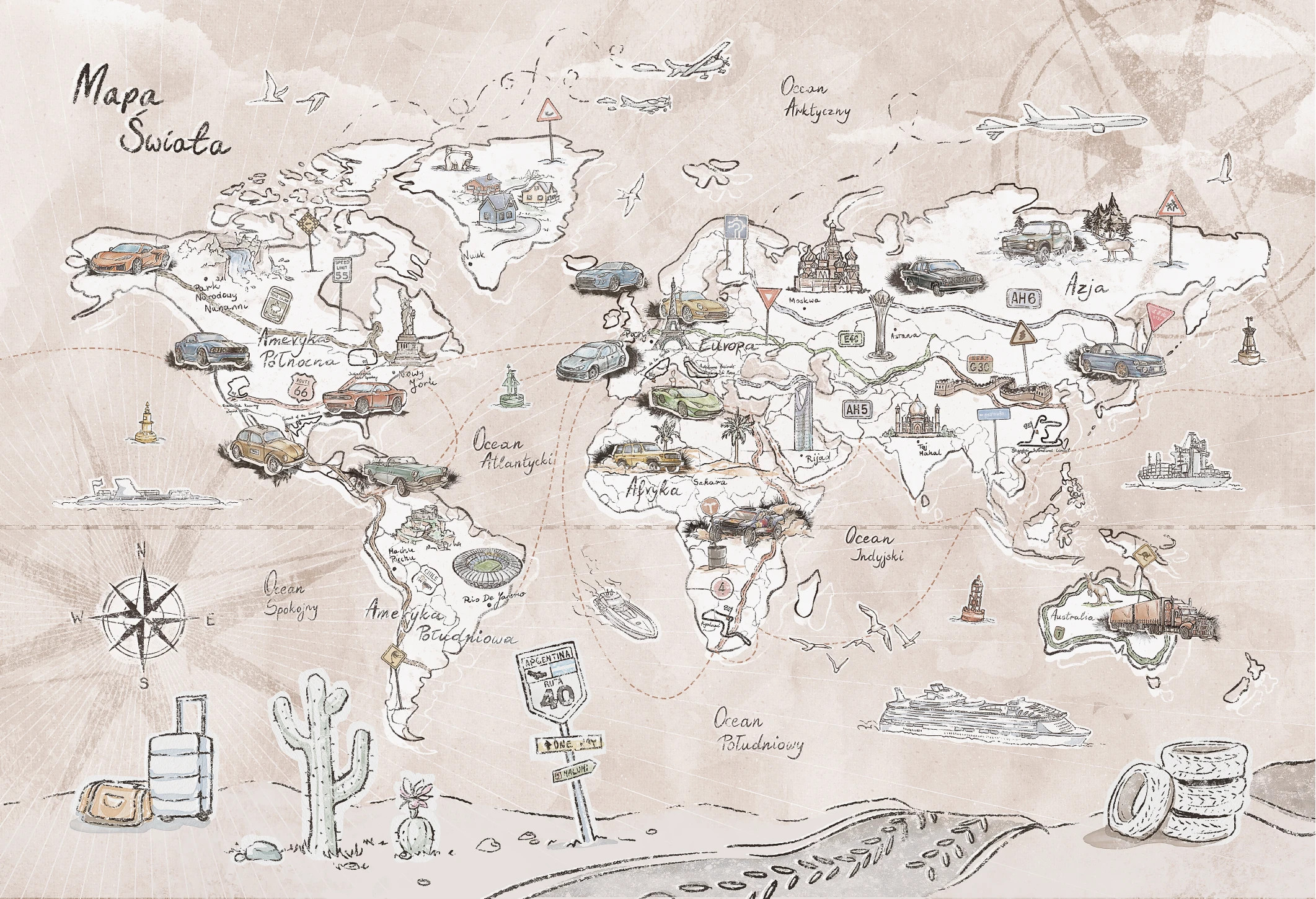 TRIP MAP- beige -  tapeta mapa, idealna do pokoju nastolatka