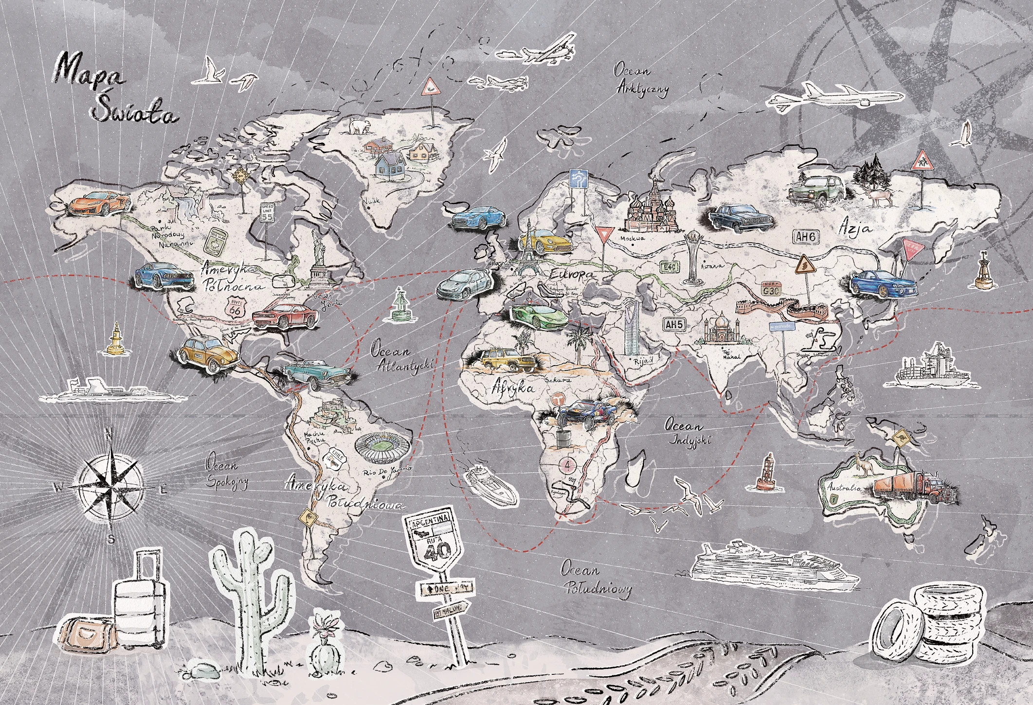 TRIP MAP  - grey-  tapeta do pokoju dziecka mapa świata