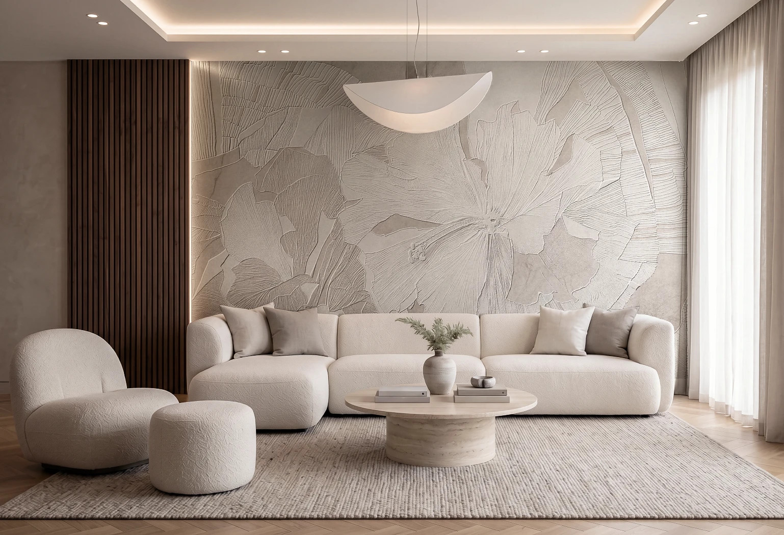 HIBISCUS RELIEF - latte - tapeta w stylu secesyjnym do salonu lub sypialni