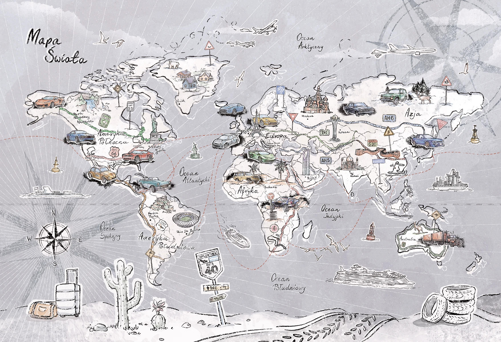 TRIP MAP - light grey - edukacyjna tapeta mapa świata dla małego podróżnika