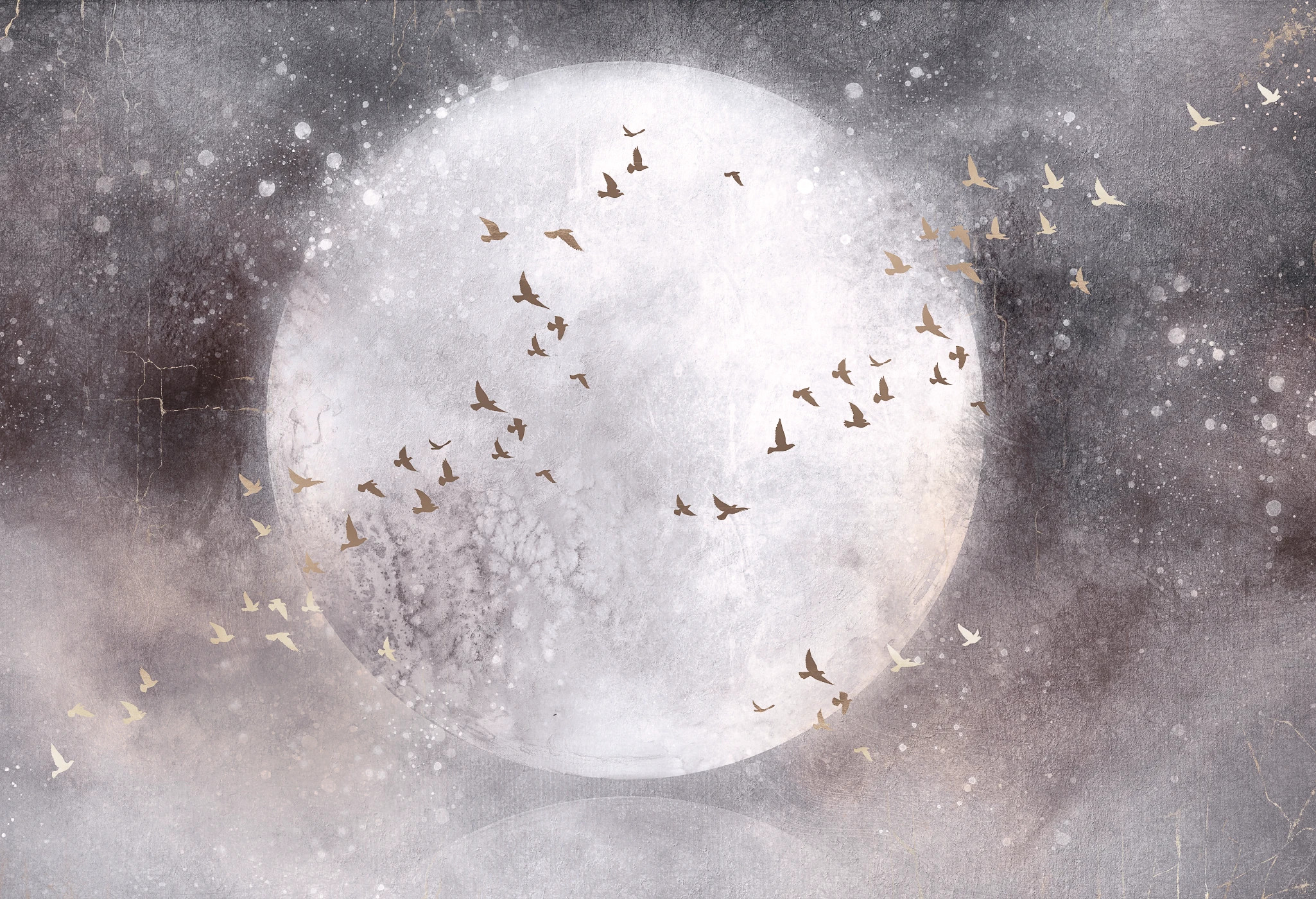 MOONLIGHT FLY - warm grey - tapeta salonowa z księżycem i ptakami