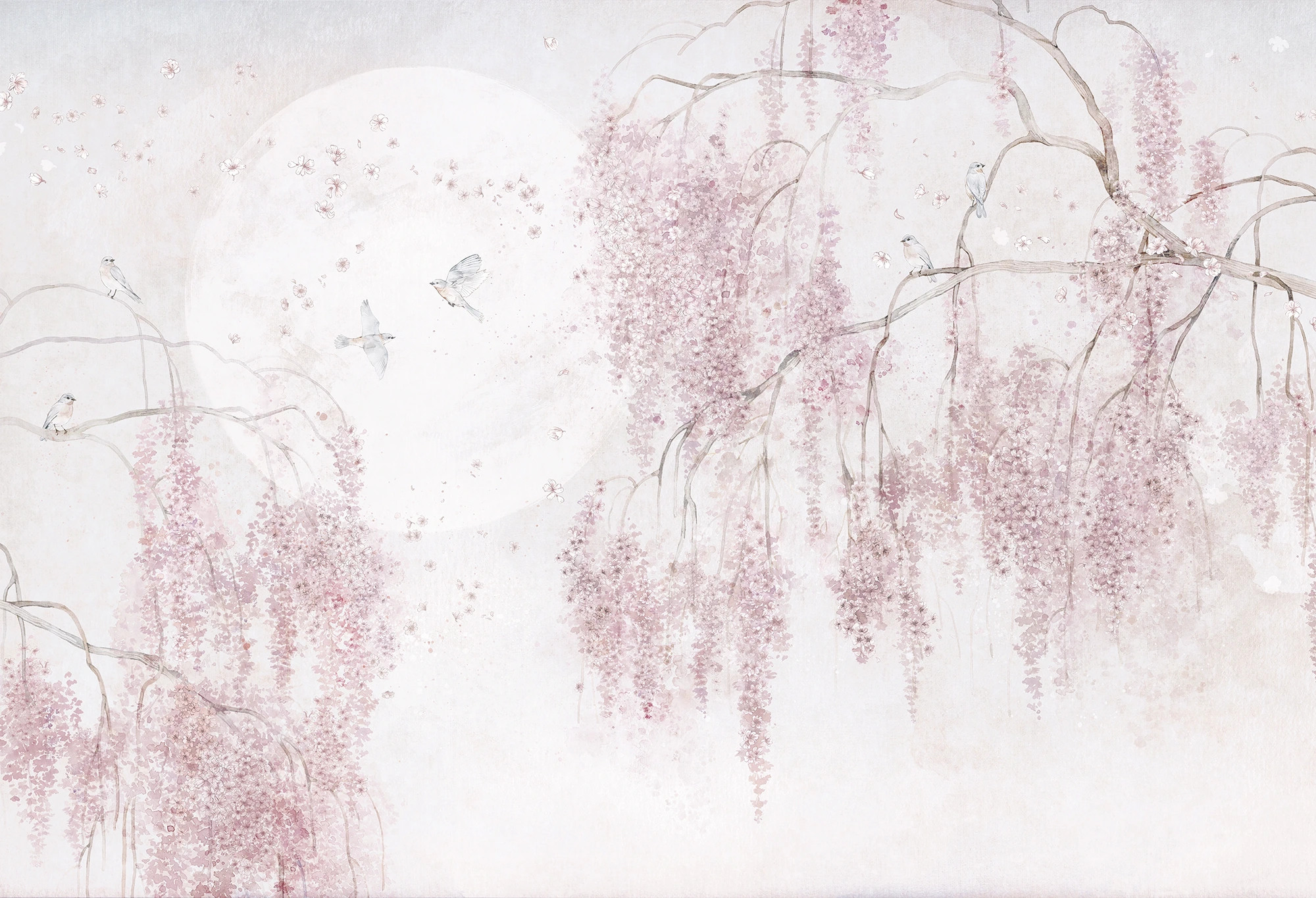 BIRDSONG - pink - różowa tapeta do pokoju dziewczynki w kwiaty