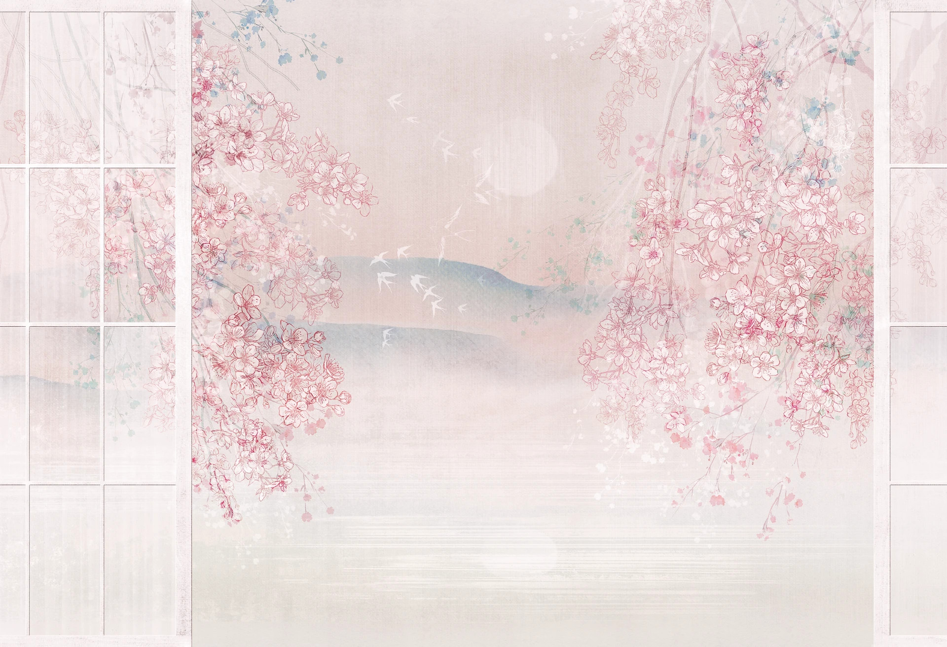 SAKURA - pink - japońska tapeta ścienna z motywem florystycznym