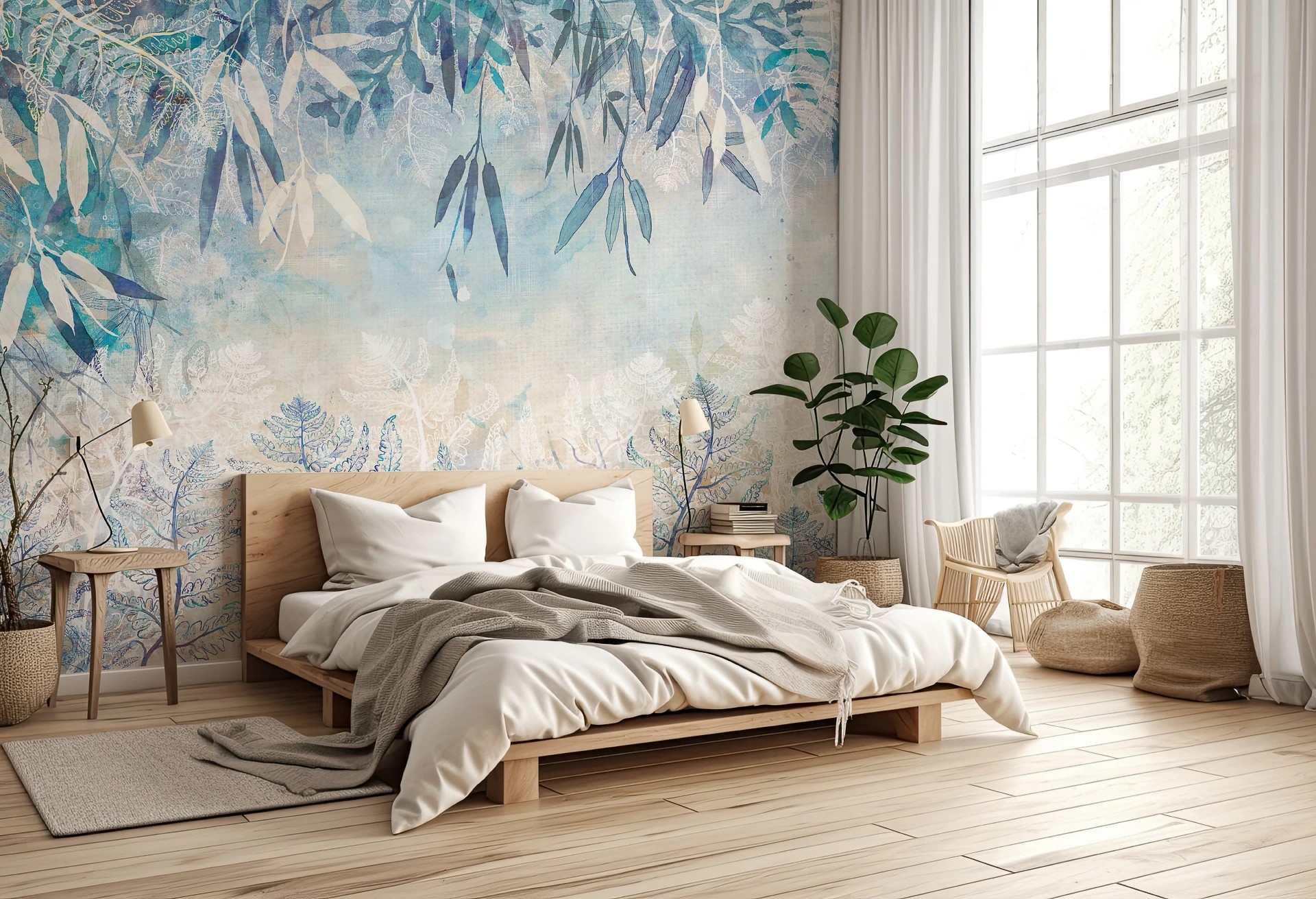 FERN GARDEN - blue - tapeta do salonu lub sypialni w paprocie