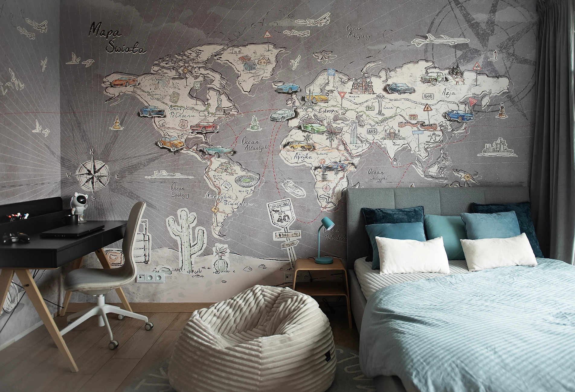 TRIP MAP  - grey-  tapeta do pokoju dziecka mapa świata