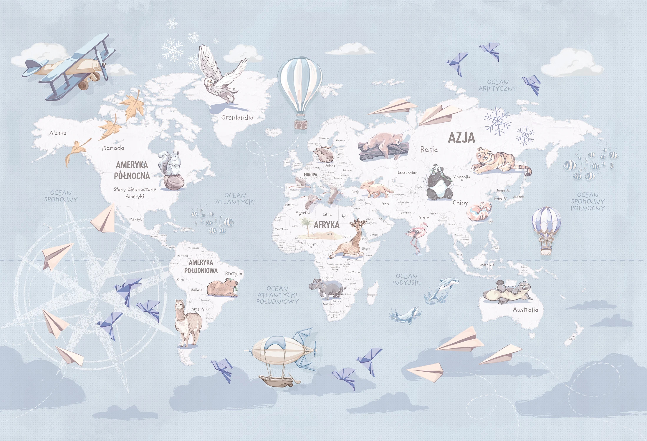 WANDERLUST – BLUE - tapeta mapa świata z samolotami i balonami