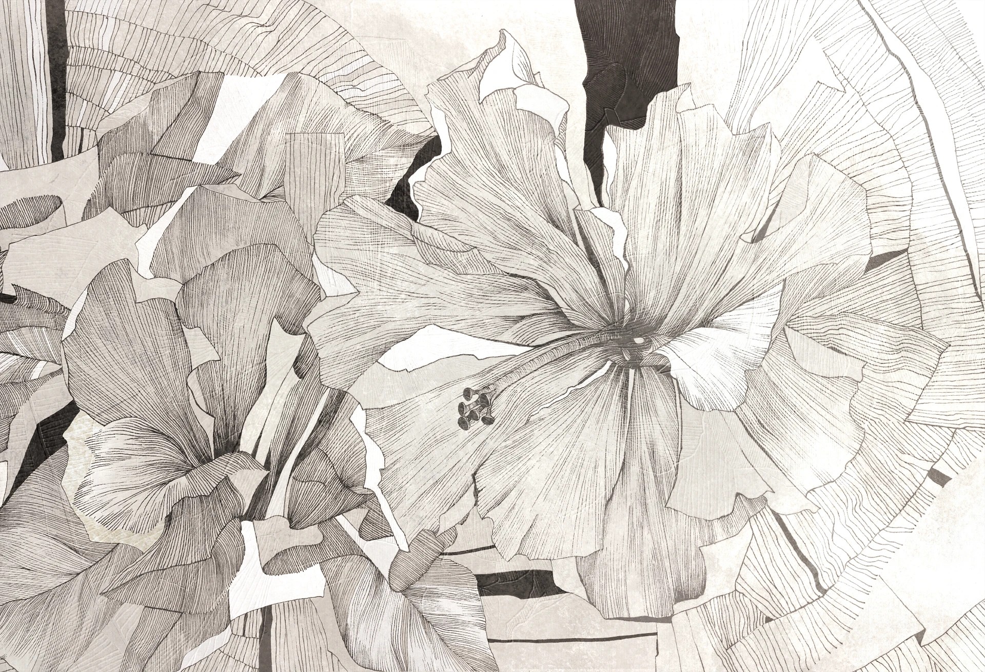 HIBISCUS - grey beige - tapeta w stylu secesyjnym do salonu lub sypialni