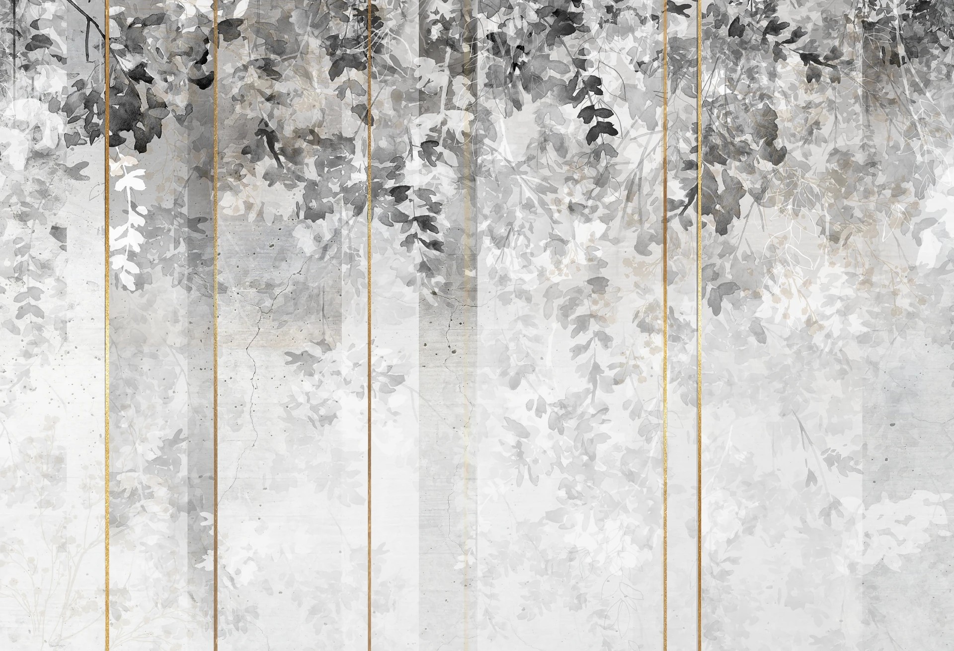 ABSTRACT FLOWERS - grey - tapeta nowoczesna ze złotymi detalami