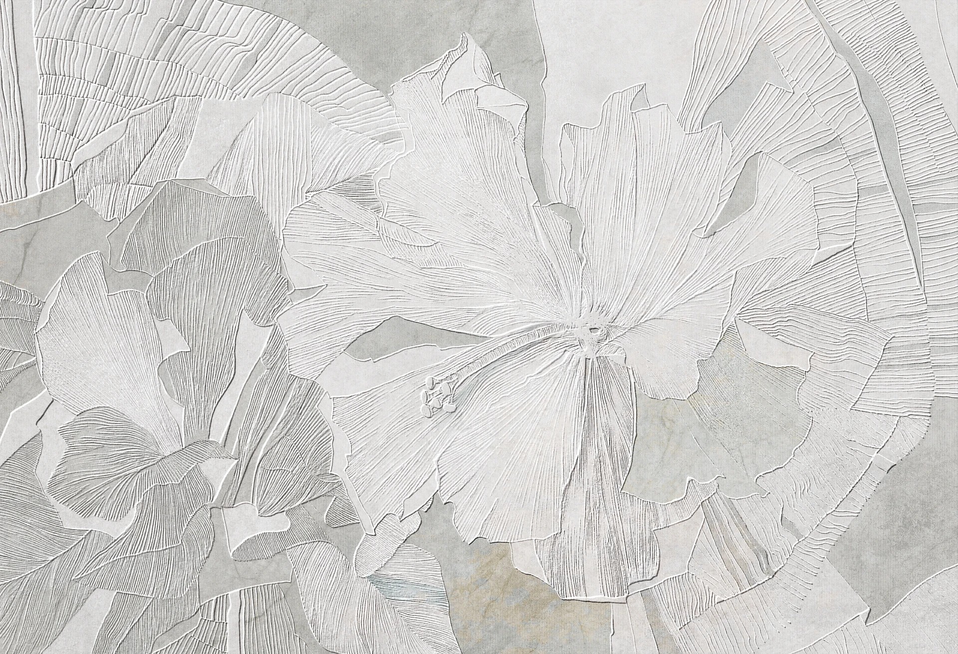 HIBISCUS RELIEF - sage grey - tapeta w duże kwiaty do salonu lub sypialni