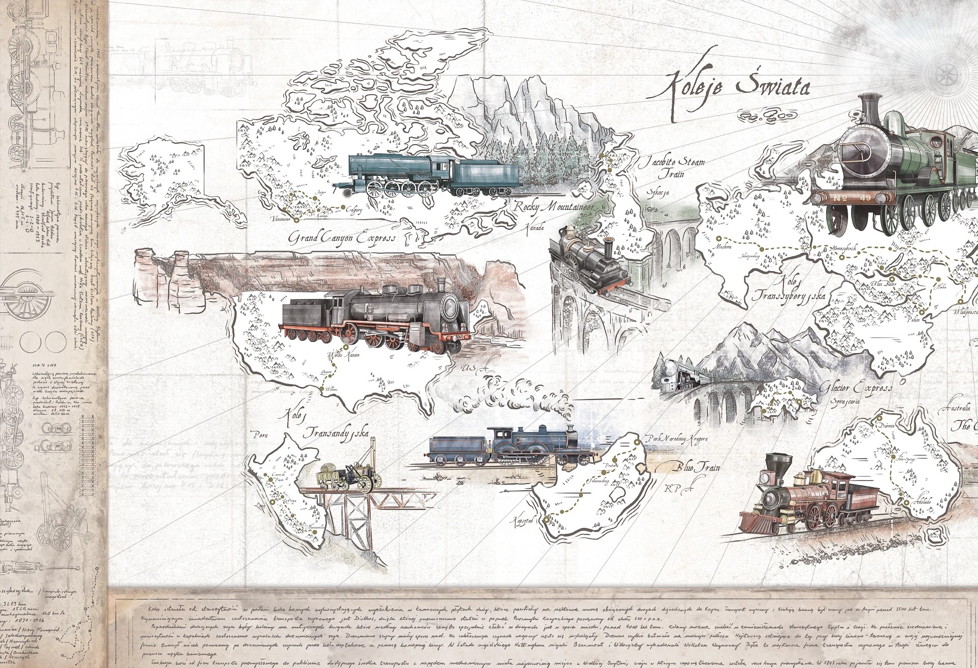 KOLEJE ŚWIATA - tapeta dla chłopca z motywem pociągów