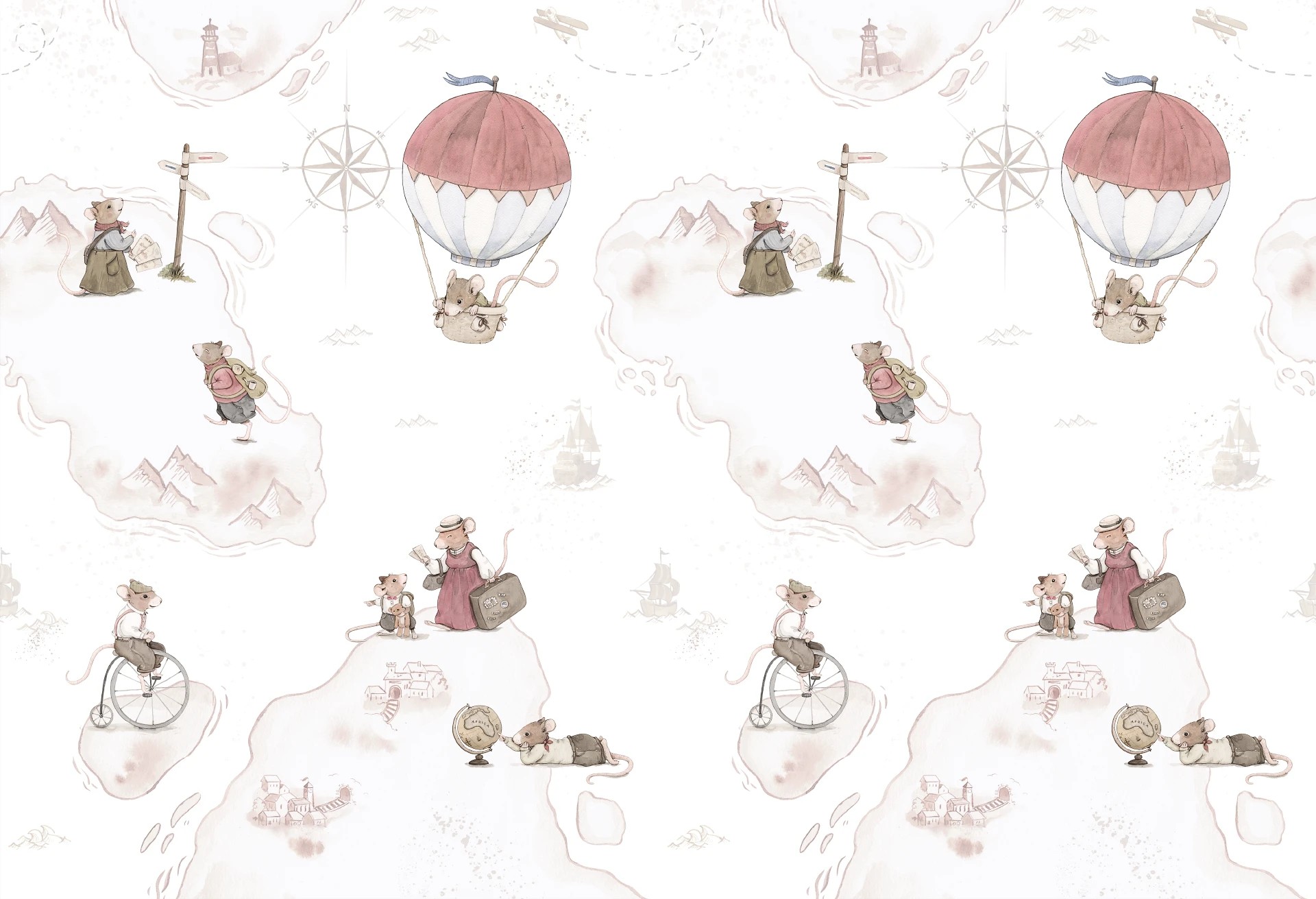 MYSZKI PODRÓŻNICZKI - tapeta dziecięca dla dziewczynki i chłopca w stylu vintage