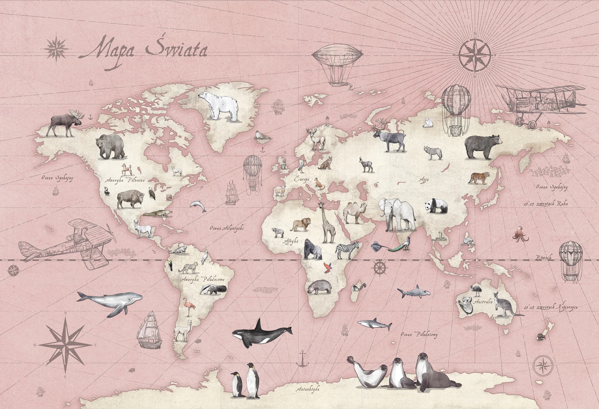MAPS - rose - różowa tapeta z mapą i zwierzętami