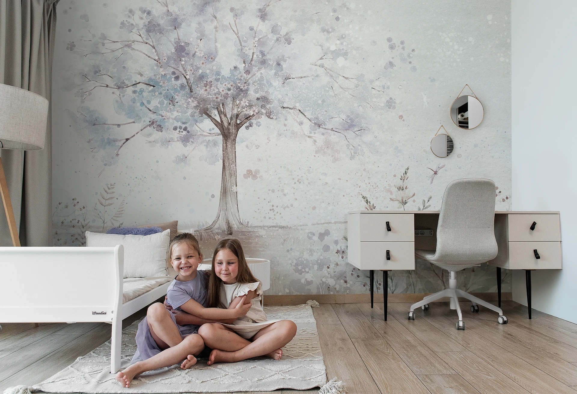 MERRY CHERRY - purple - tapeta dla dziewczynki z kwiatami i drzewem