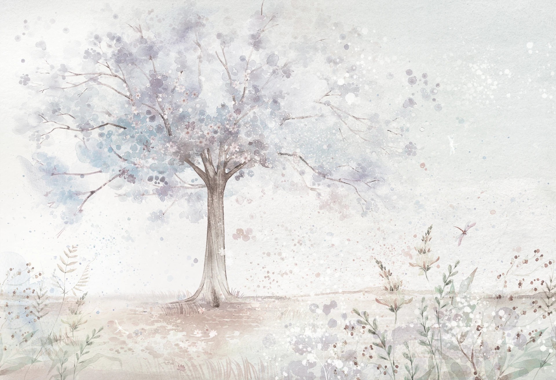 MERRY CHERRY - purple - tapeta dla dziewczynki z kwiatami i drzewem