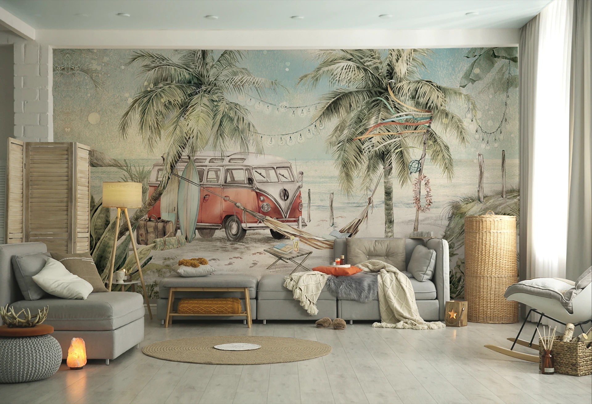 SURF CAMP - mint - wakacyjna tapeta do pokoju dziecięcego